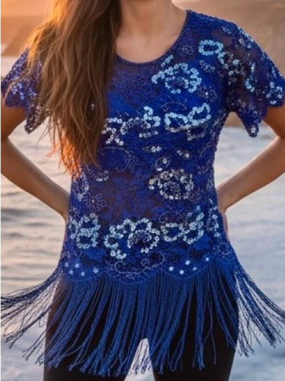 Stunning Women's hand beaded stretch, lace Royal Blue Fringe Top NWT size M